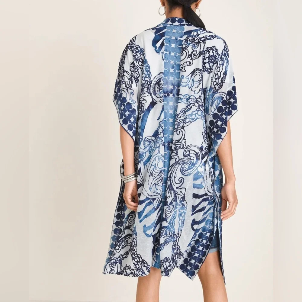 CHICO’S ~ Blue and White Filagree Burnout Ruana Wrap ~ Size S/M